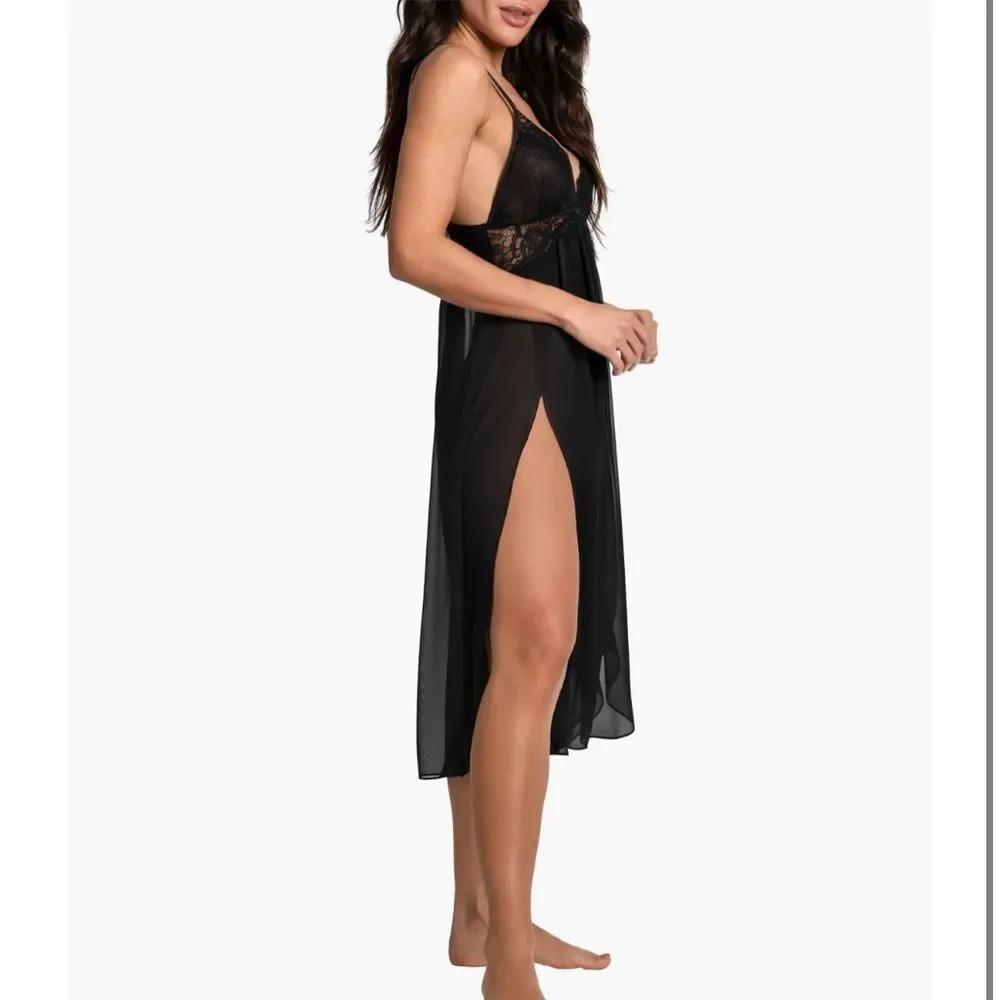 NWT In The Bloom Jonquil Black Lace Chiffon Nightgown